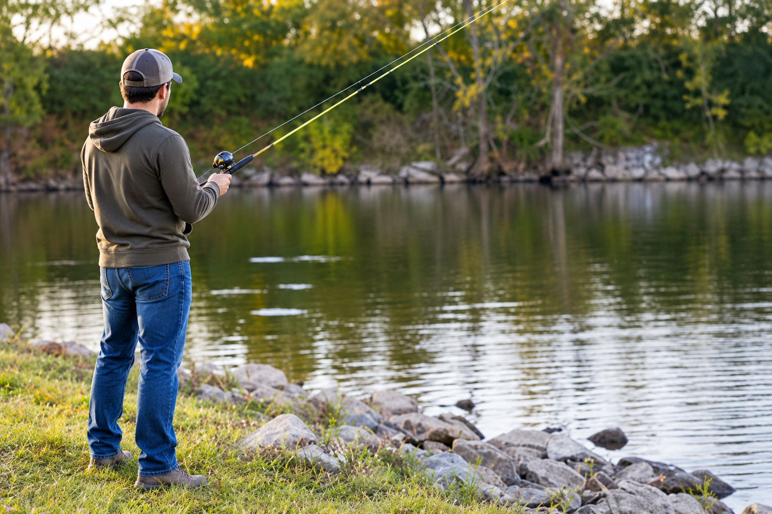 Adult fishing beside the water, photographed from behind