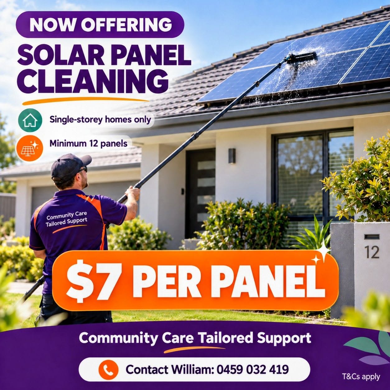 CCTS solar panel cleaning offer showing seven dollars per panel for single-storey homes with a minimum of twelve panels